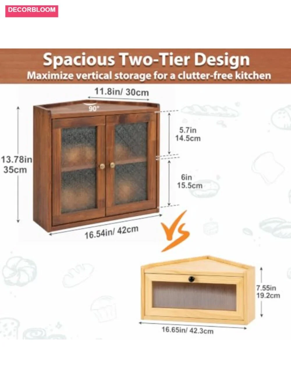 Corner Bread Box 2-Tier Wooden with Acrylic Windows, Kitchen Countertop